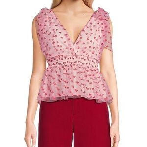 Pink and Red heart glitter v-neck top with bow sleeves